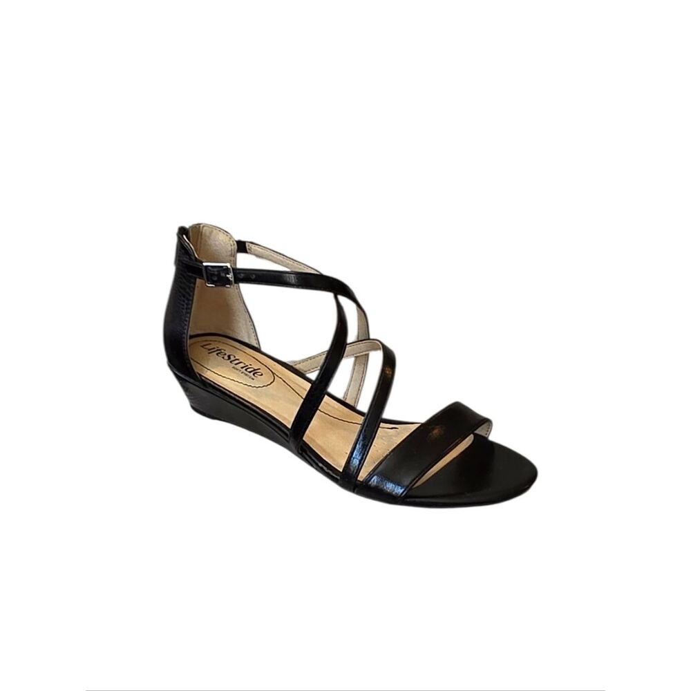 LifeStride Yolanda Black Crisscross Strappy Wedge Heel Sandal Size 8M